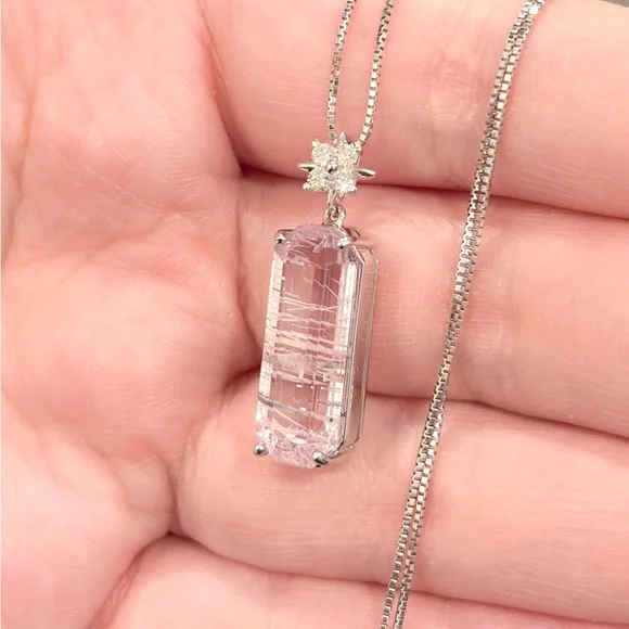 18K Rutilated Rose Quartz Diamond Necklace, White Gold, Floral, Pink Gem, Luxury